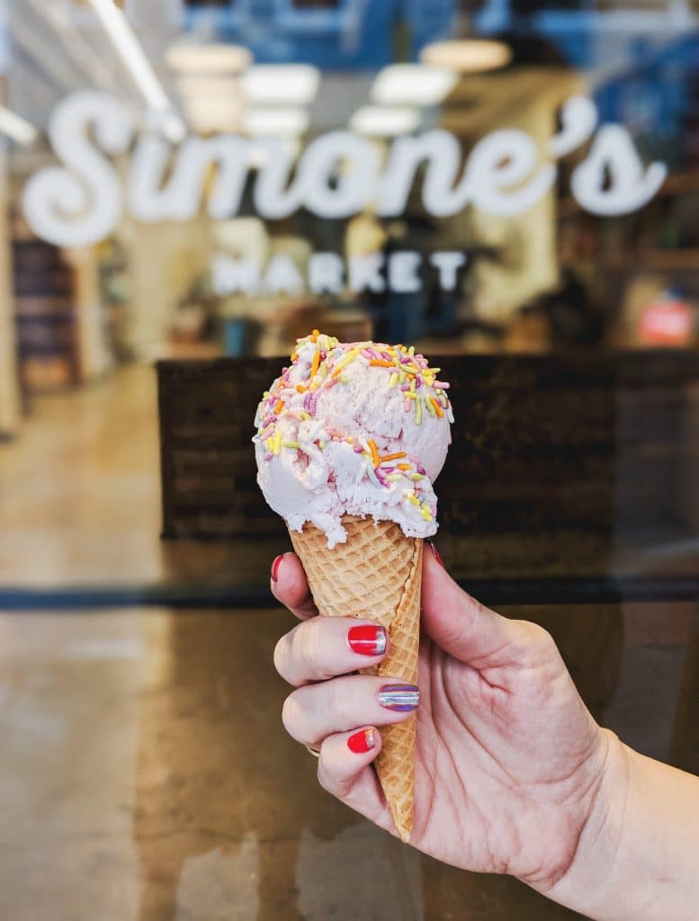 Roasted Strawberry Creole ice cream cone with sprinkles from Simone's Market, New Orleans' grocery wonderland. 